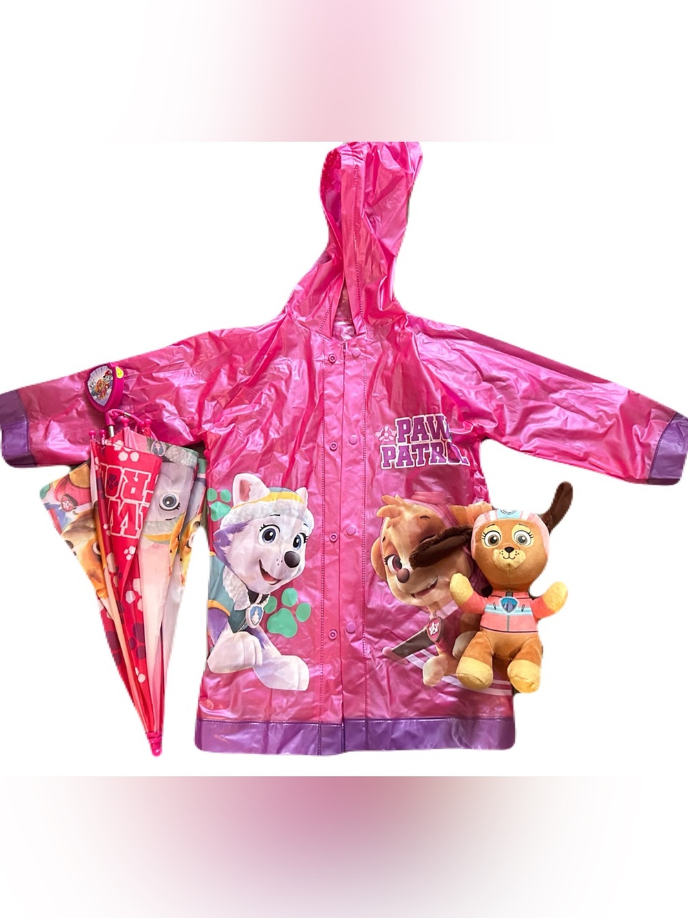 Paw Patrol Girls Pink Hooded Raincoat Small with matching Umbrella Plushy